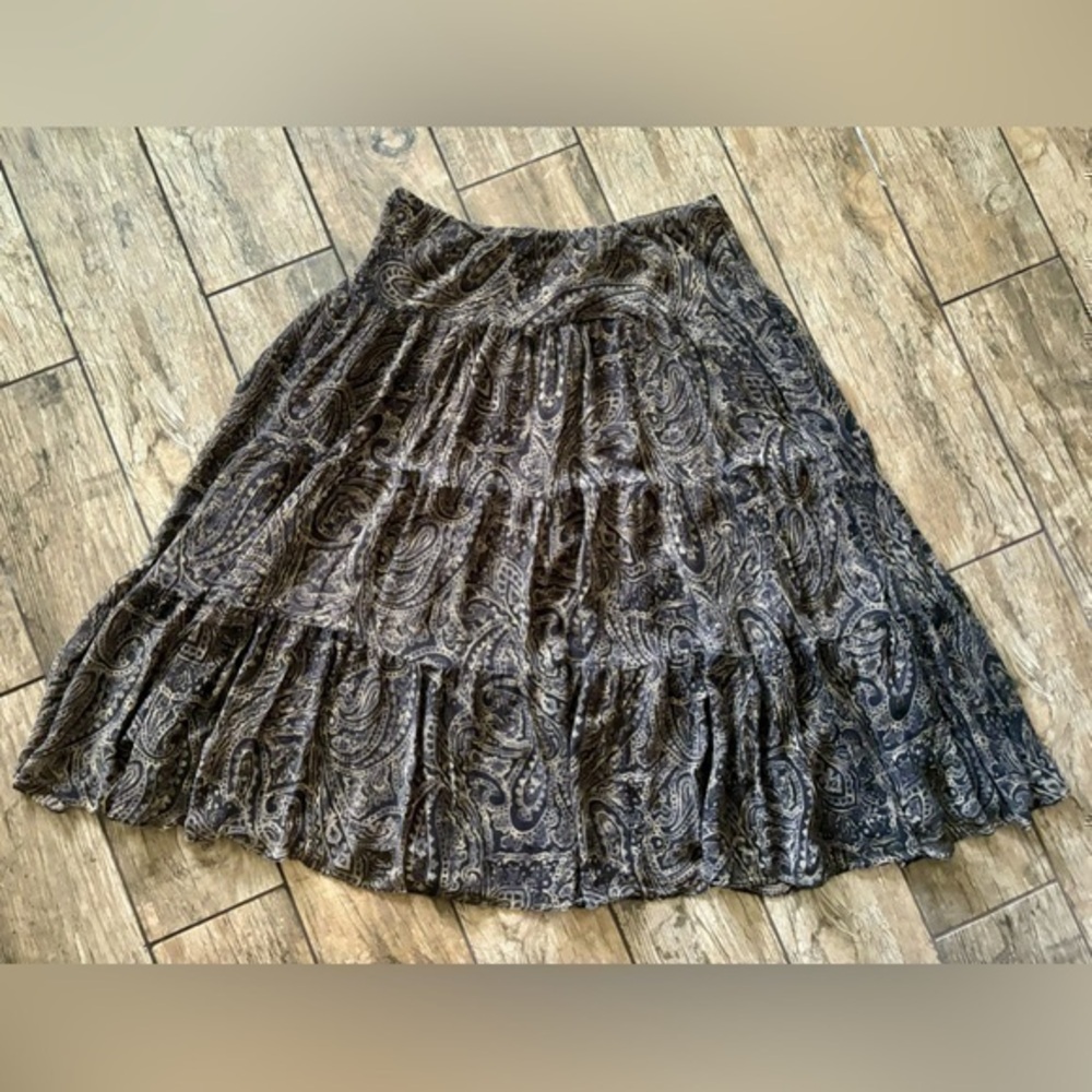 Lauren Ralph Lauren Silk Bohemian Boho Flowy Skirt Medium M Black Tan Brown